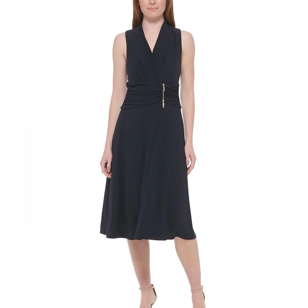 TOMMY HILFIGER 8 Navy zip detail Polyester midi length stretch sleeveless dress